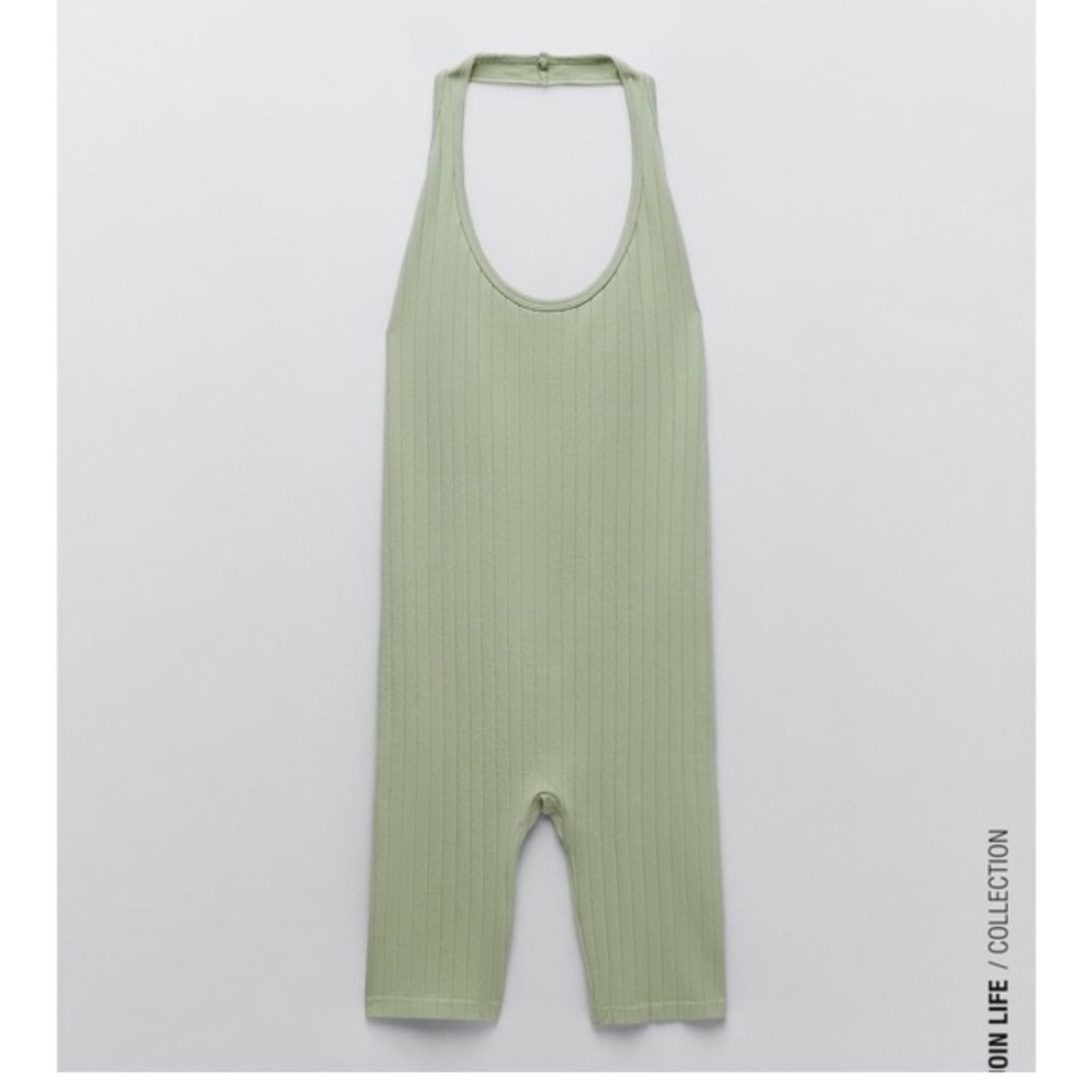 Zara Seamless Contour Jumpsuit Halter One Piece Ribbed Green XS